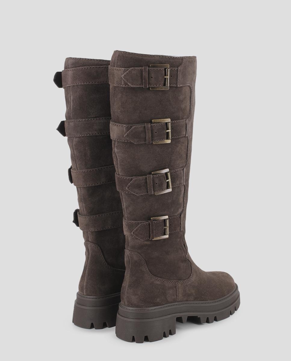 Botas Cano Alto em Pele com Detalhe de Fivelas Castanho-escuro-3