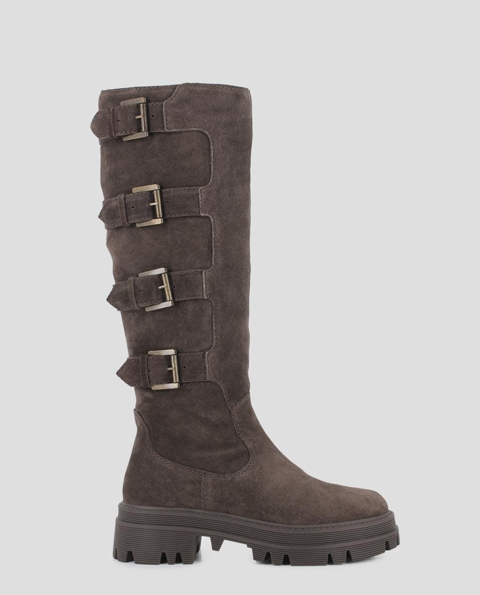 Botas Cano Alto em Pele com Detalhe de Fivelas Castanho-escuro-1