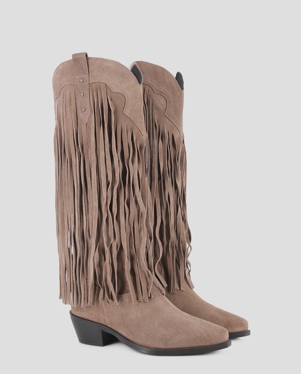 Botas Mosqueteiras de Pele com Cano Alto Coberto de Franjas Camel-2