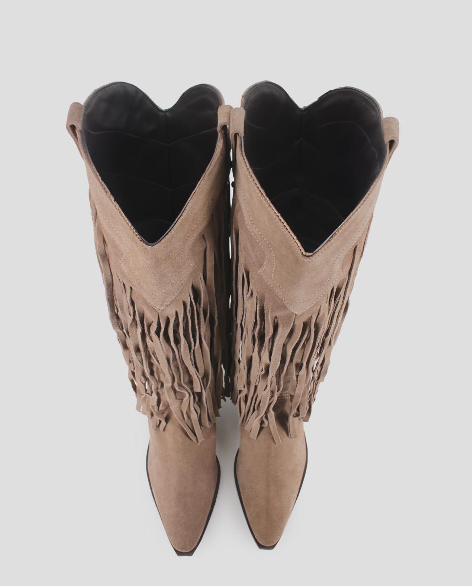 Botas Mosqueteiras de Pele com Cano Alto Coberto de Franjas Camel-5