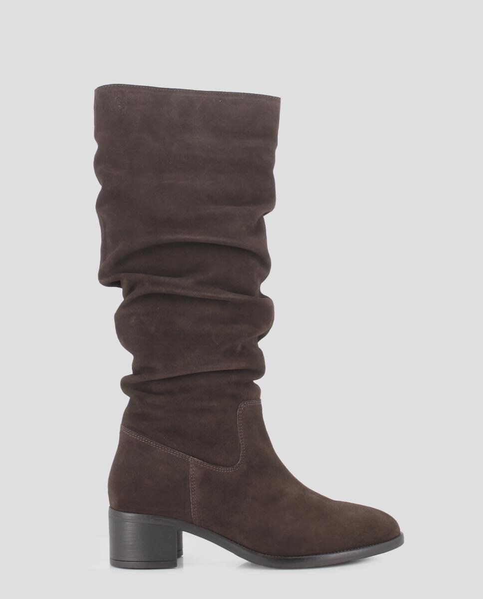 Botas de Cano Alto em Pele com Efeito Franzido e Tacão Largo Castanho-1