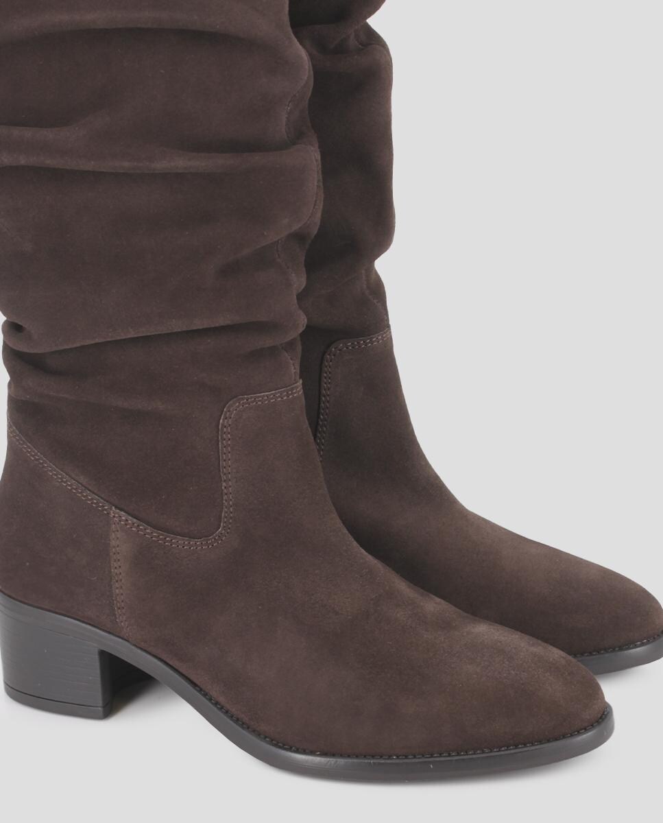 Botas de Cano Alto em Pele com Efeito Franzido e Tacão Largo Castanho-4