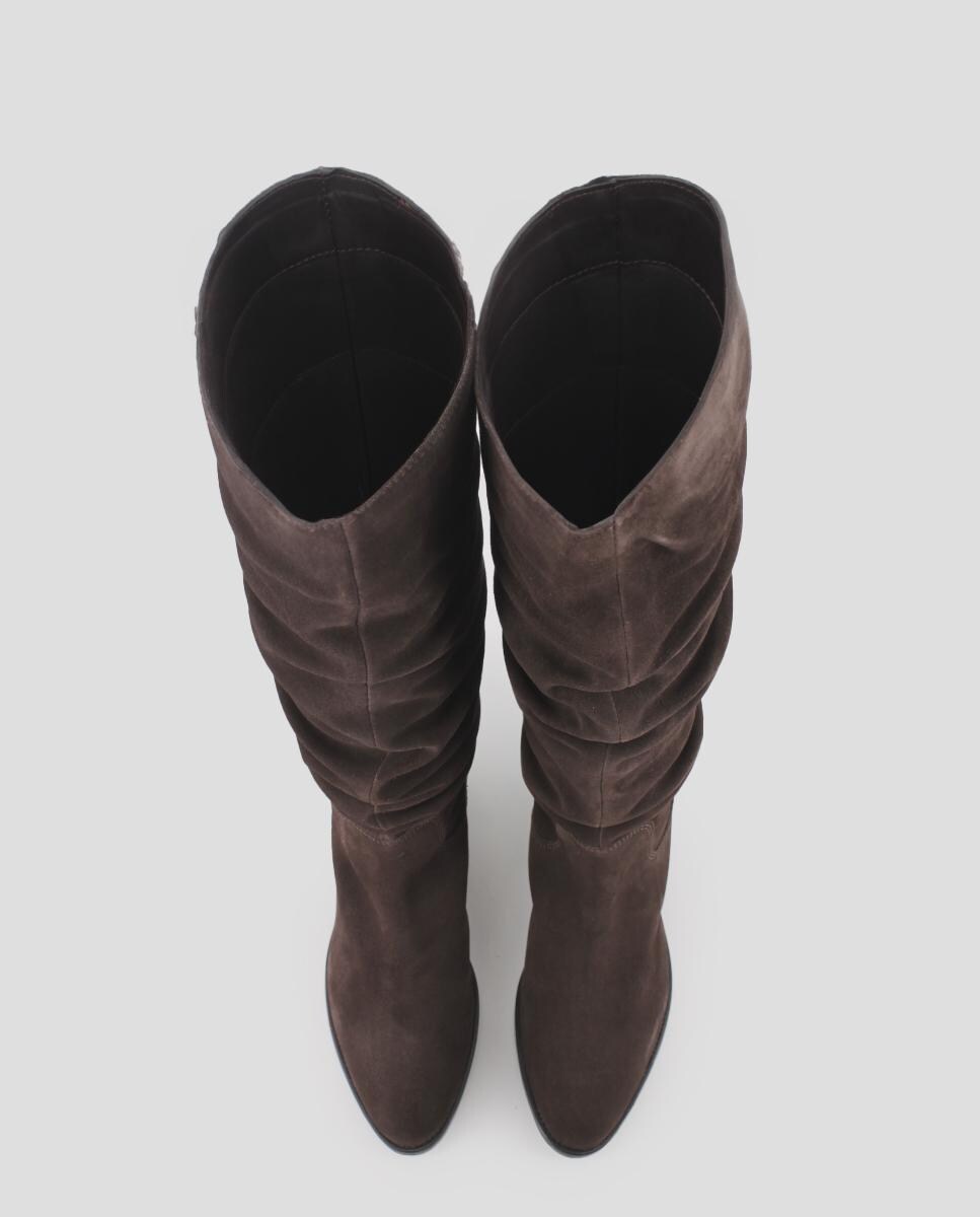 Botas de Cano Alto em Pele com Efeito Franzido e Tacão Largo Castanho-5