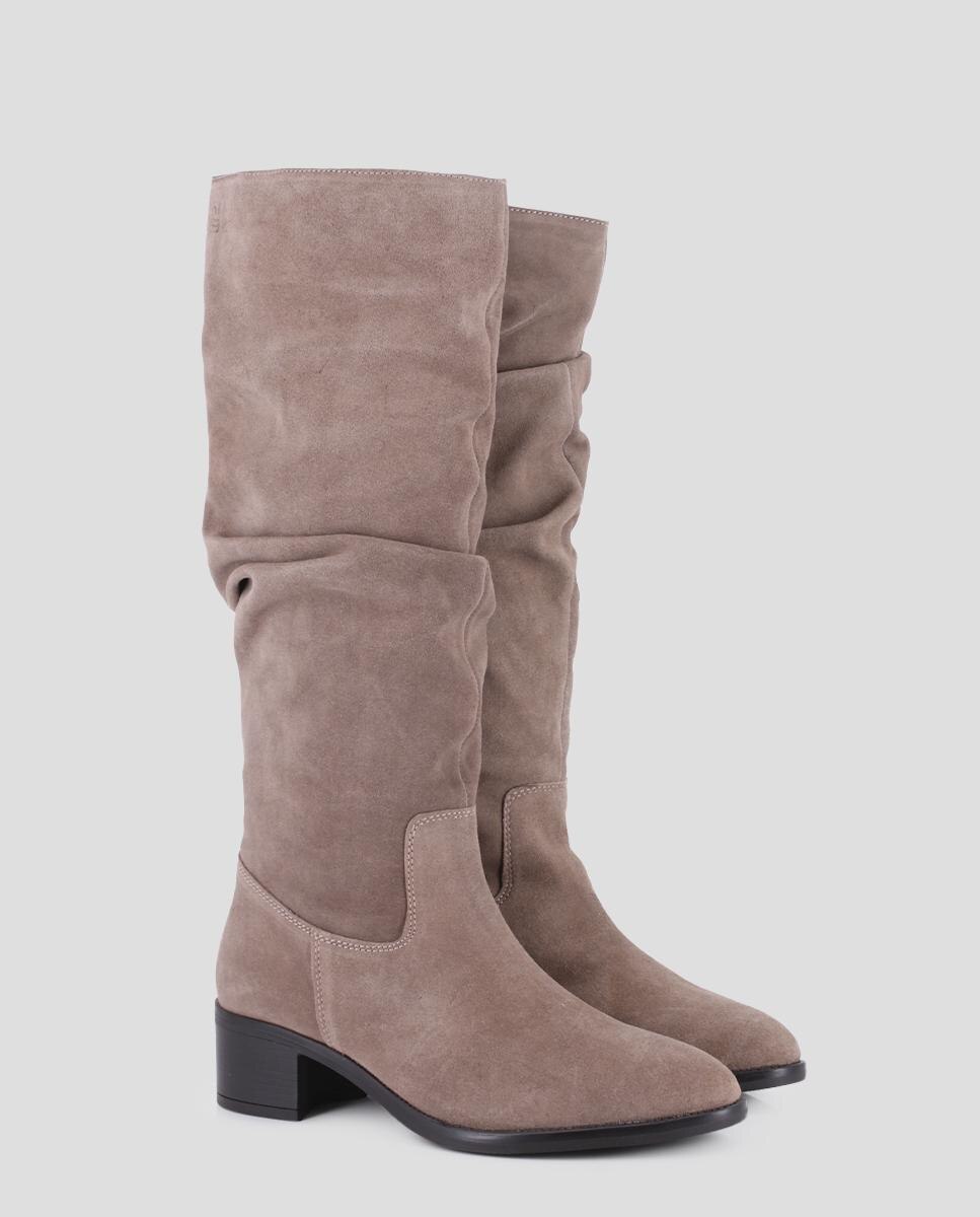 Botas de Cano Alto em Pele com Efeito Franzido e Tacão Largo Camel-2