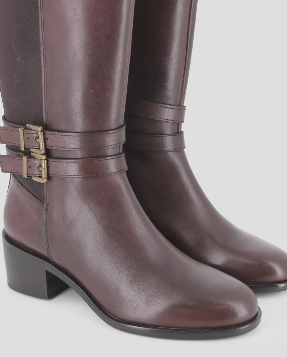Botas de Cano Alto em Pele com Parte Posterior Elástica e Tacão Largo Castanho-4