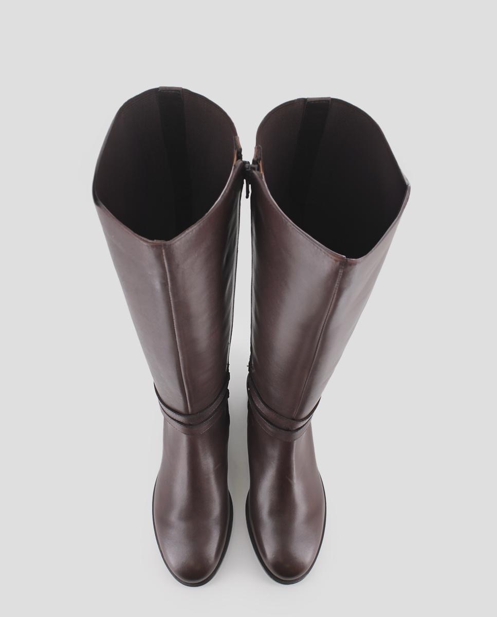 Botas de Cano Alto em Pele com Parte Posterior Elástica e Tacão Largo Castanho-5