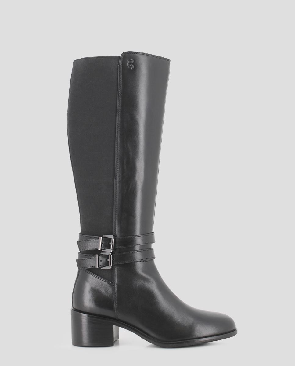 Botas de Cano Alto em Pele com Parte Posterior Elástica e Tacão Largo Preto-1