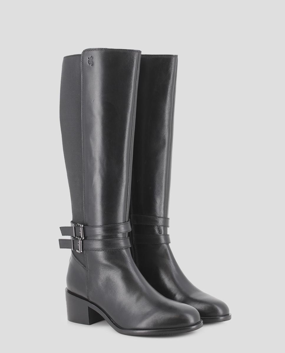 Botas de Cano Alto em Pele com Parte Posterior Elástica e Tacão Largo Preto-2