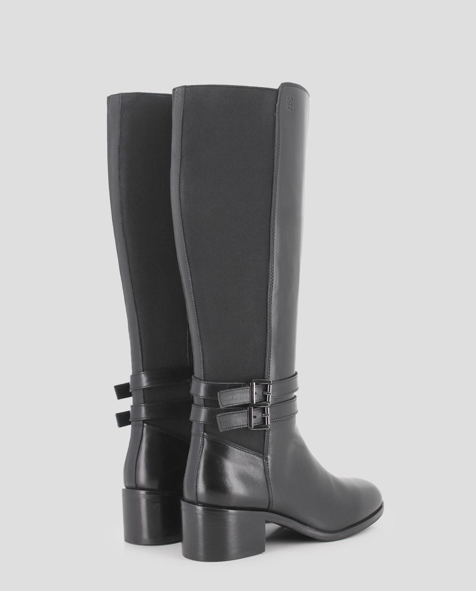 Botas de Cano Alto em Pele com Parte Posterior Elástica e Tacão Largo Preto-3