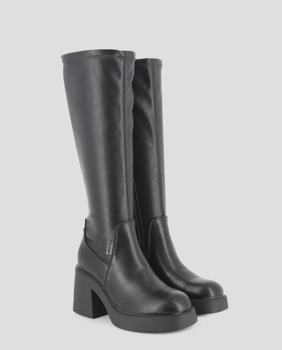 Botas Elásticas de Cano Alto e Tacão Largo Preto-2