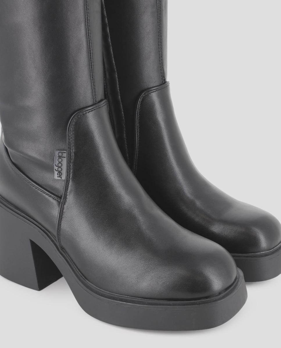 Botas Elásticas de Cano Alto e Tacão Largo Preto-4