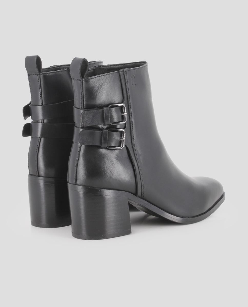 Botins em Pele com Fivelas na Lateral e Tacão Largo Preto-3