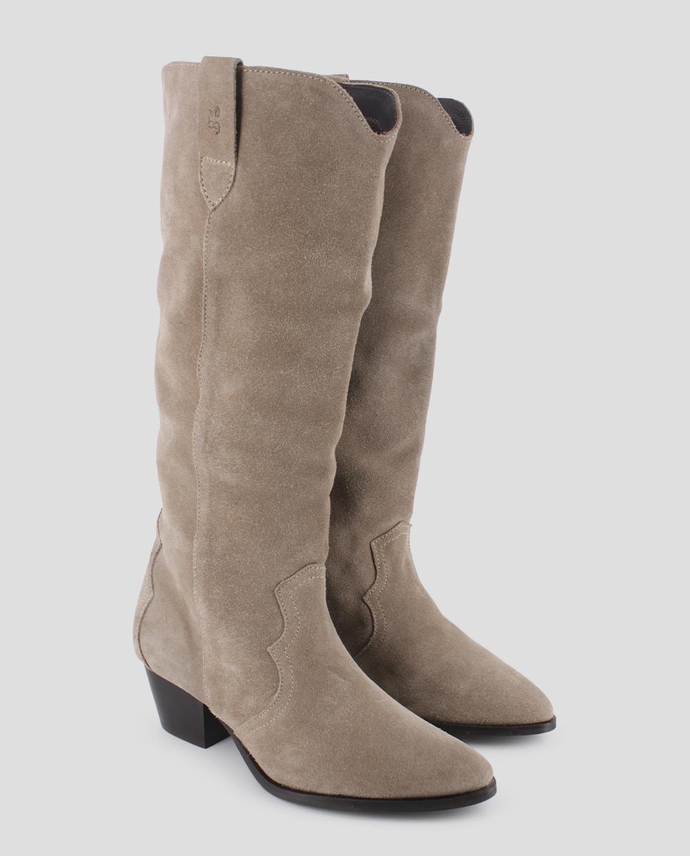 Botas Altas em Pele Camurça de Salto Baixo Cinzento-claro-2