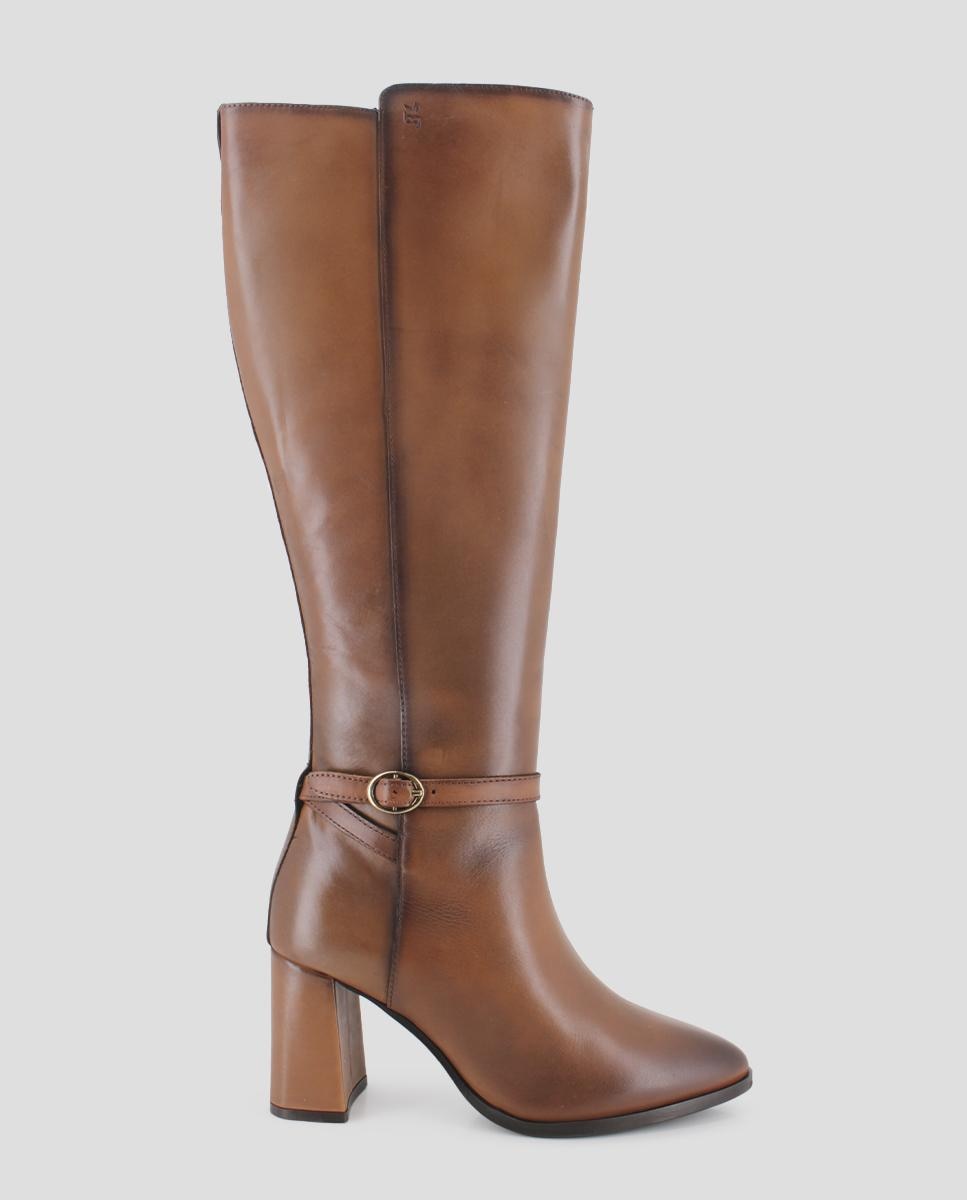 Botas Cano Alto em Pele de Salto Alto Castanho-1