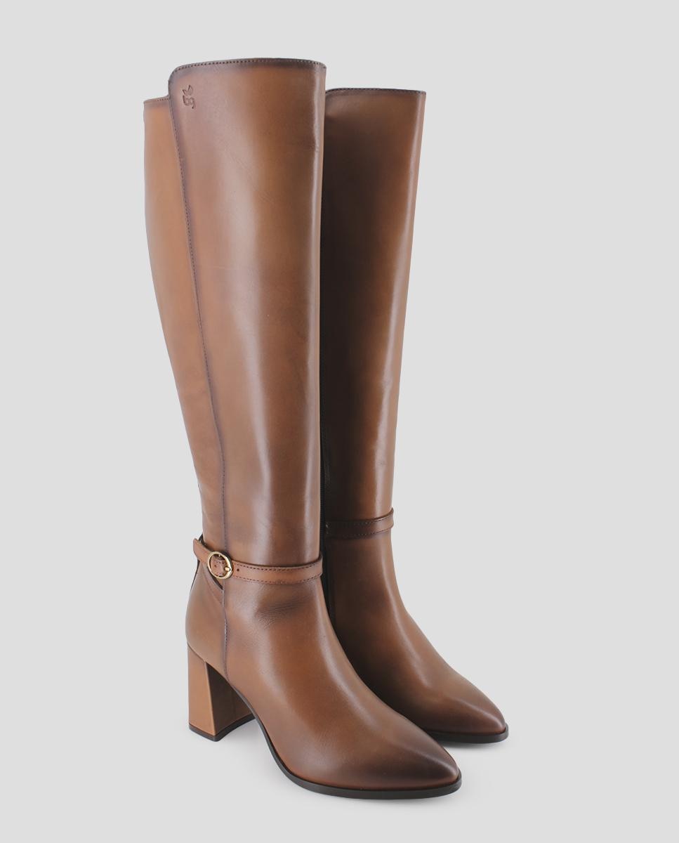 Botas Cano Alto em Pele de Salto Alto Castanho-2