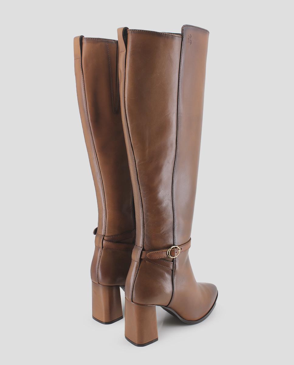 Botas Cano Alto em Pele de Salto Alto Castanho-3