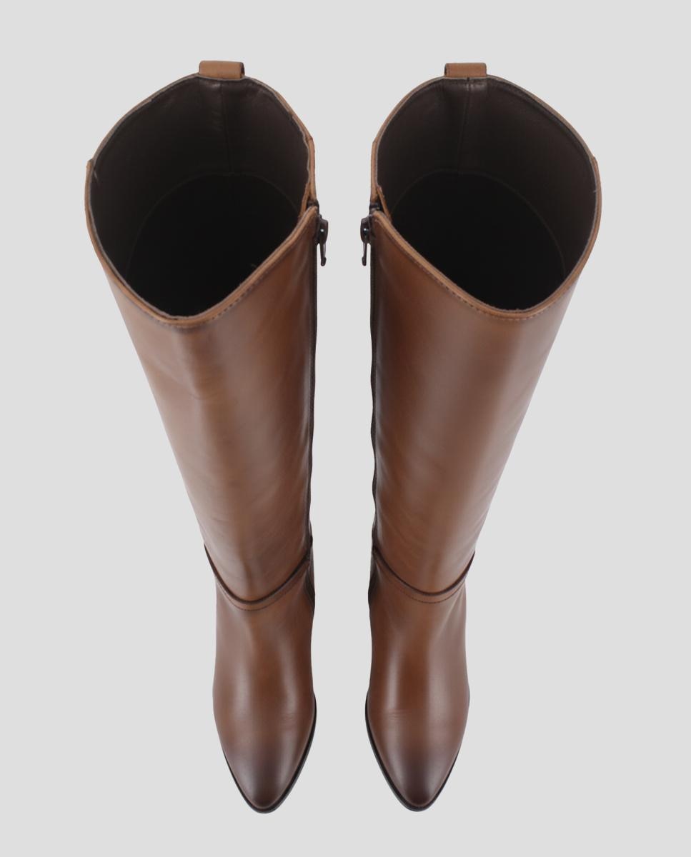 Botas Cano Alto em Pele de Salto Alto Castanho-5
