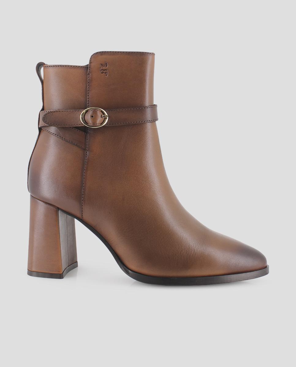Botins Clássicos em Pele com Salto Alto Castanho-1