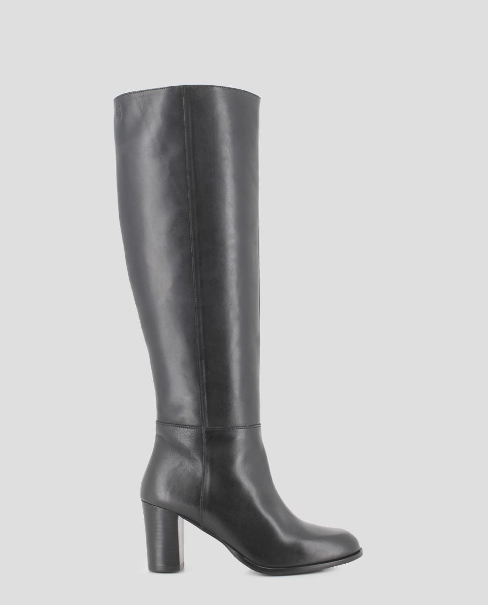 Botas Básicas de Cano Alto em Pele com Tacão Largo e Alto Preto-1