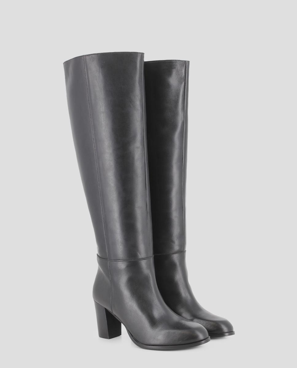 Botas Básicas de Cano Alto em Pele com Tacão Largo e Alto Preto-2