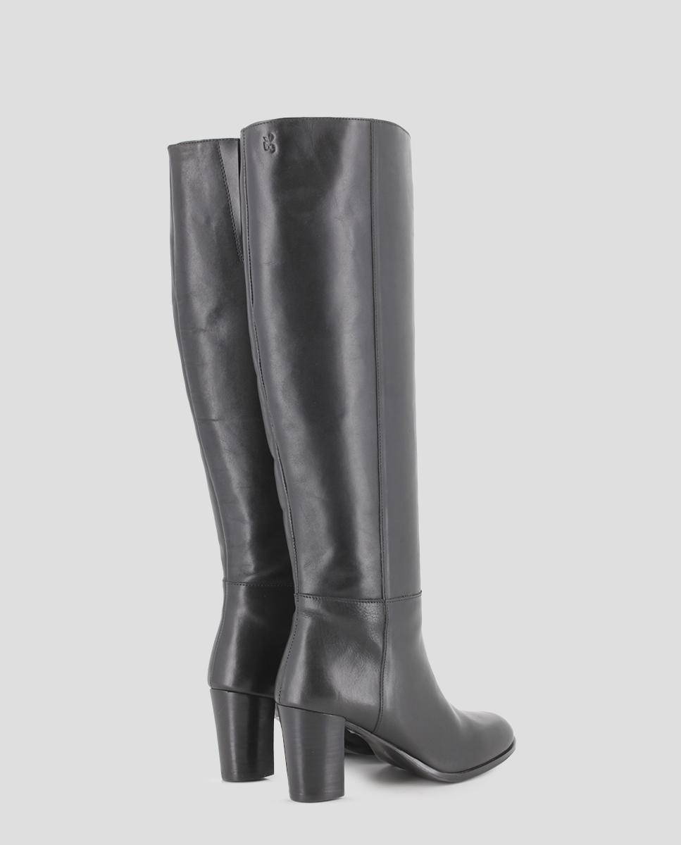Botas Básicas de Cano Alto em Pele com Tacão Largo e Alto Preto-3