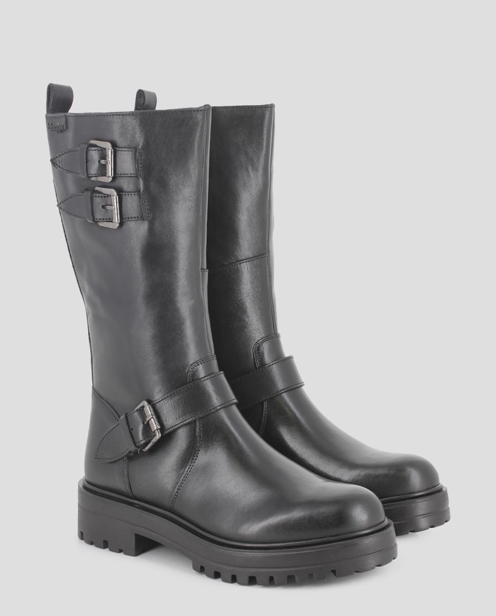 Botas Estilo Militar com Fecho Zip e Fivelas Preto-3