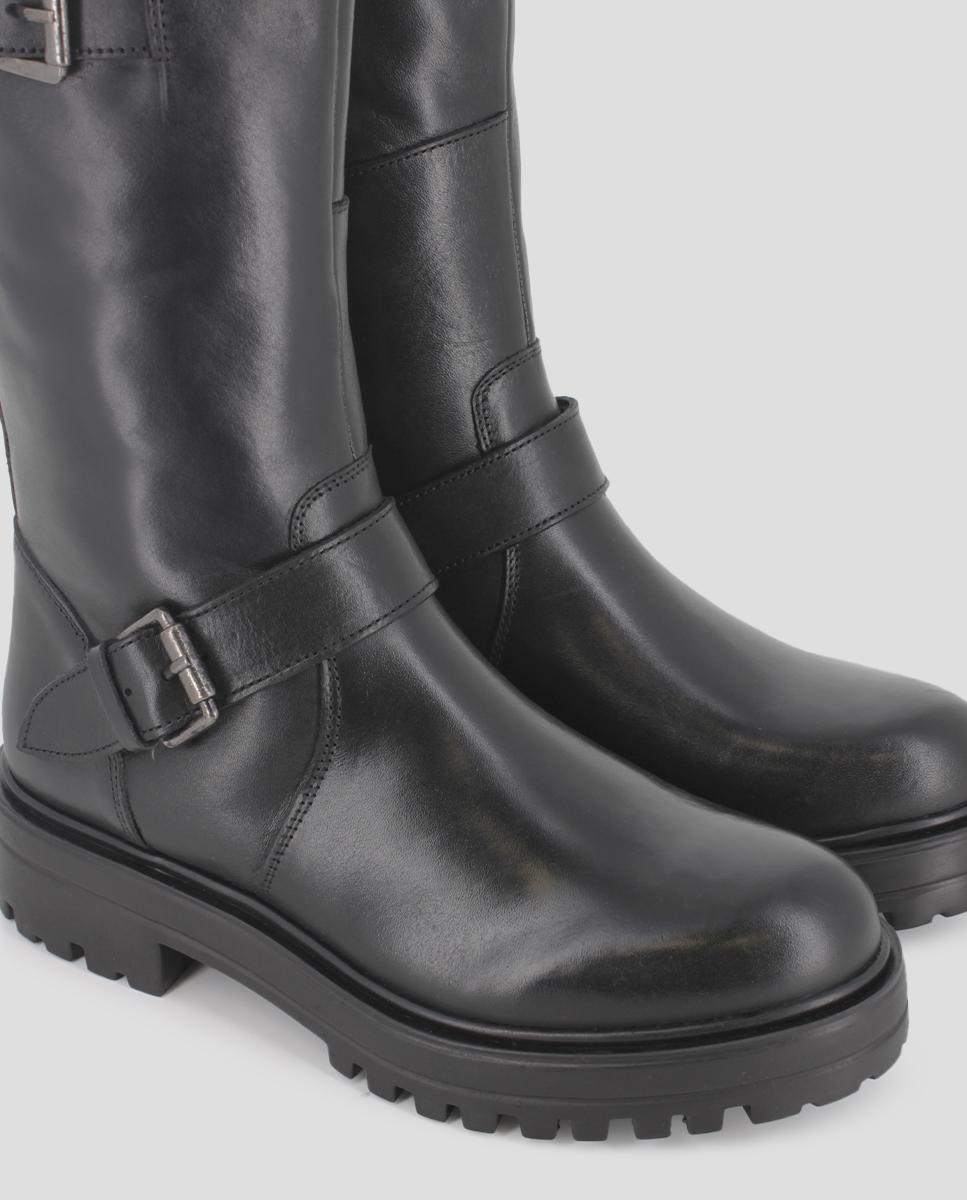 Botas Estilo Militar com Fecho Zip e Fivelas Preto-5