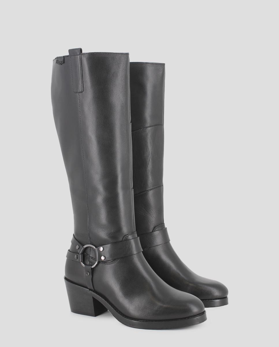 Botas de Cano Alto com Salto em Pele com Metal Preto-2