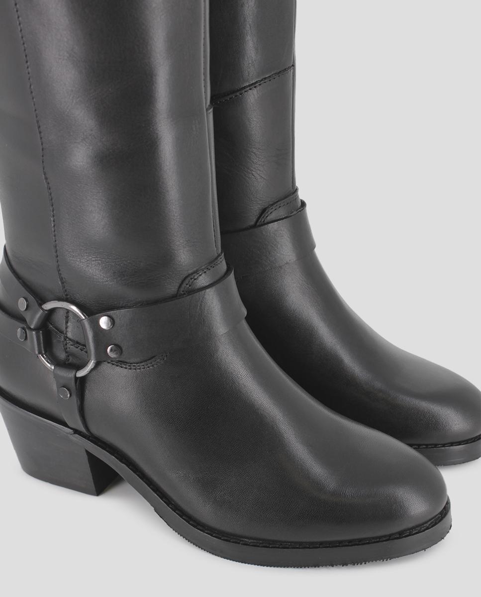 Botas de Cano Alto com Salto em Pele com Metal Preto-4