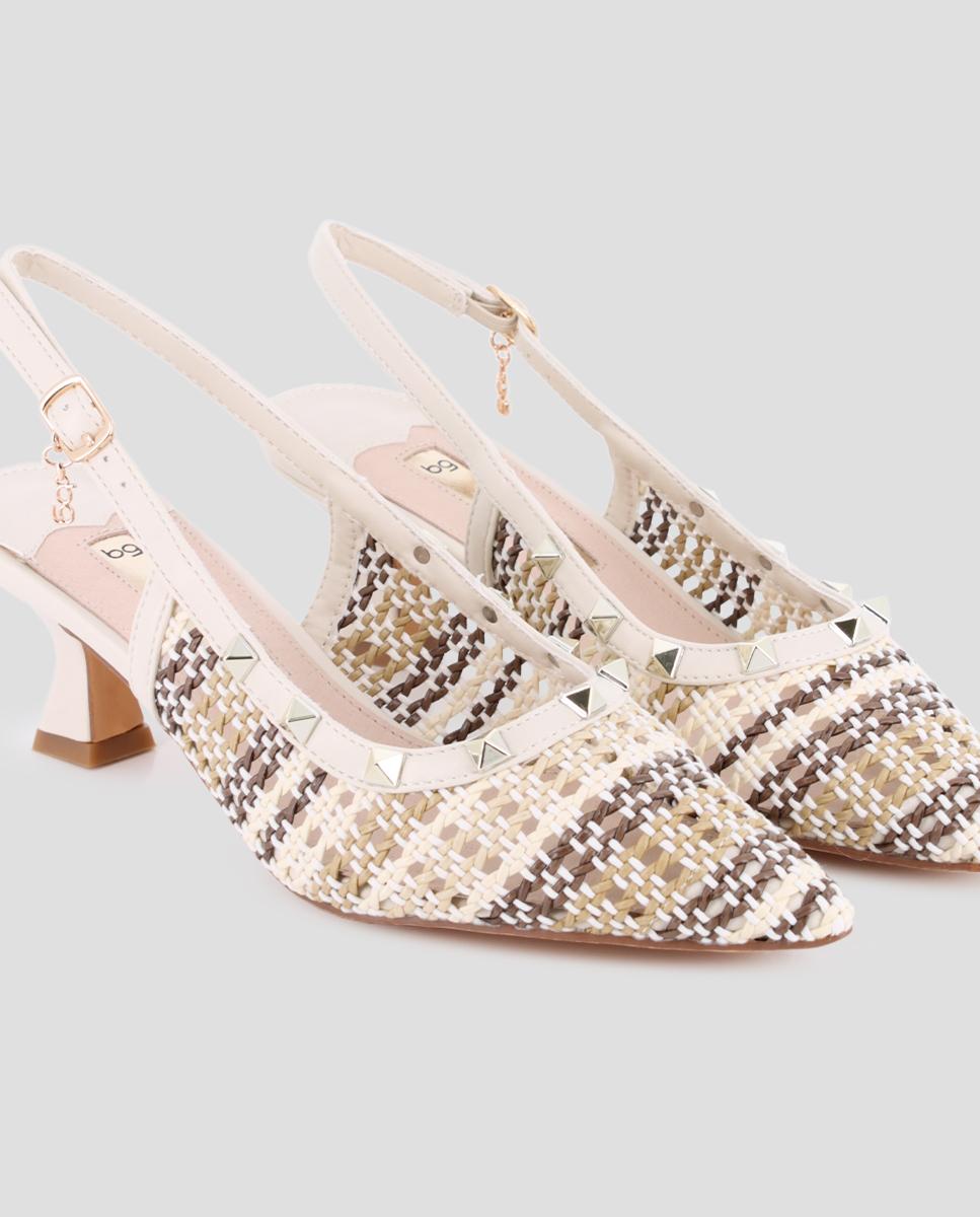 Sapatos de Salto com o Calcanhar Aberto e Detalhe de Tachas Branco-4