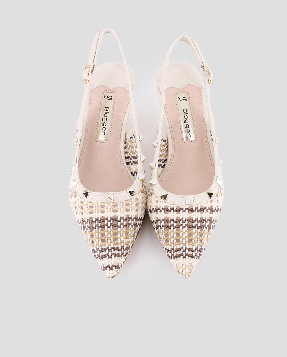 Sapatos de Salto com o Calcanhar Aberto e Detalhe de Tachas Branco-5