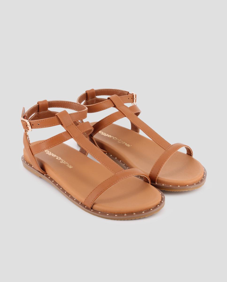 Sandálias Rasas com Design Assimétrico e Fecho de Fivela Camel-2