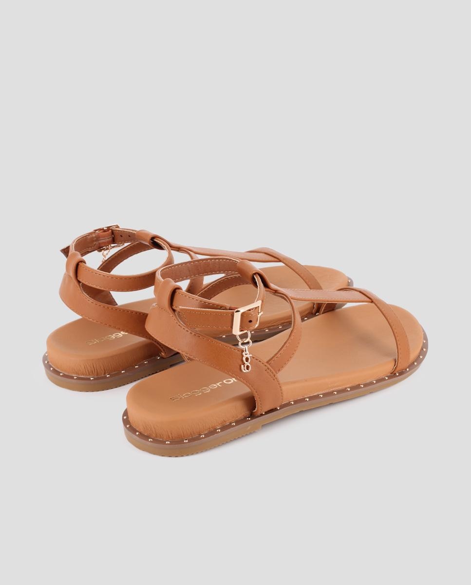 Sandálias Rasas com Design Assimétrico e Fecho de Fivela Camel-3