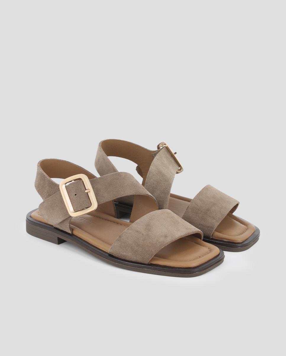 Sandálias de Tira de Pele com Fecho de Fivela Taupe-2