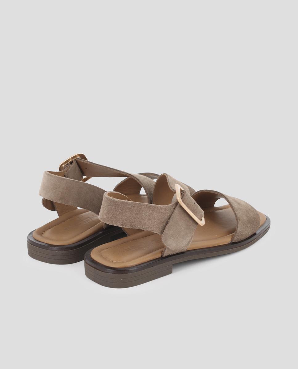 Sandálias de Tira de Pele com Fecho de Fivela Taupe-3