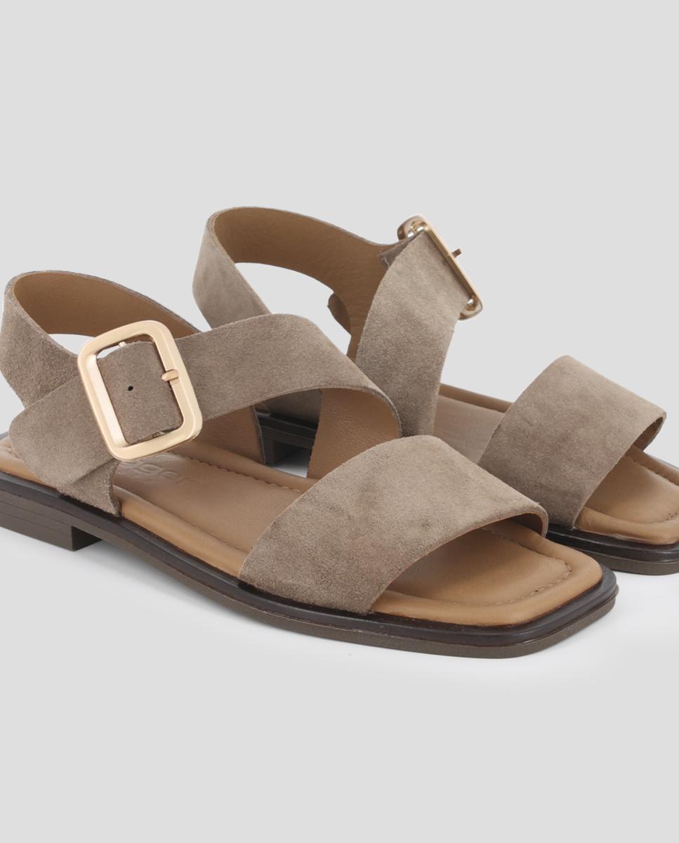 Sandálias de Tira de Pele com Fecho de Fivela Taupe-4