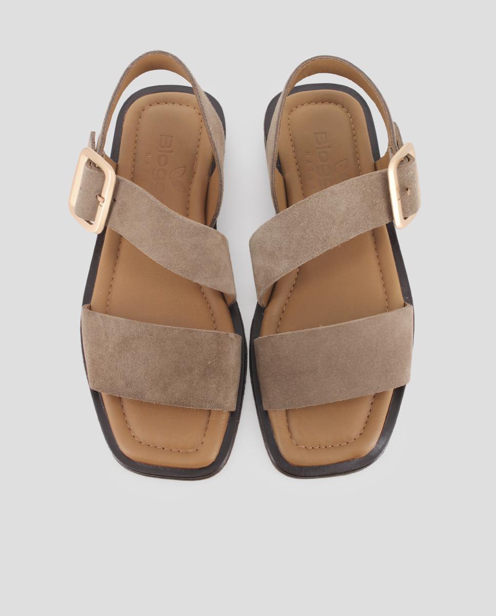Sandálias de Tira de Pele com Fecho de Fivela Taupe-5