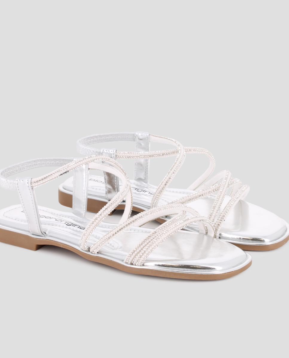 Sandálias de Tira Rasas com Adornos de Pedraria Prata-4