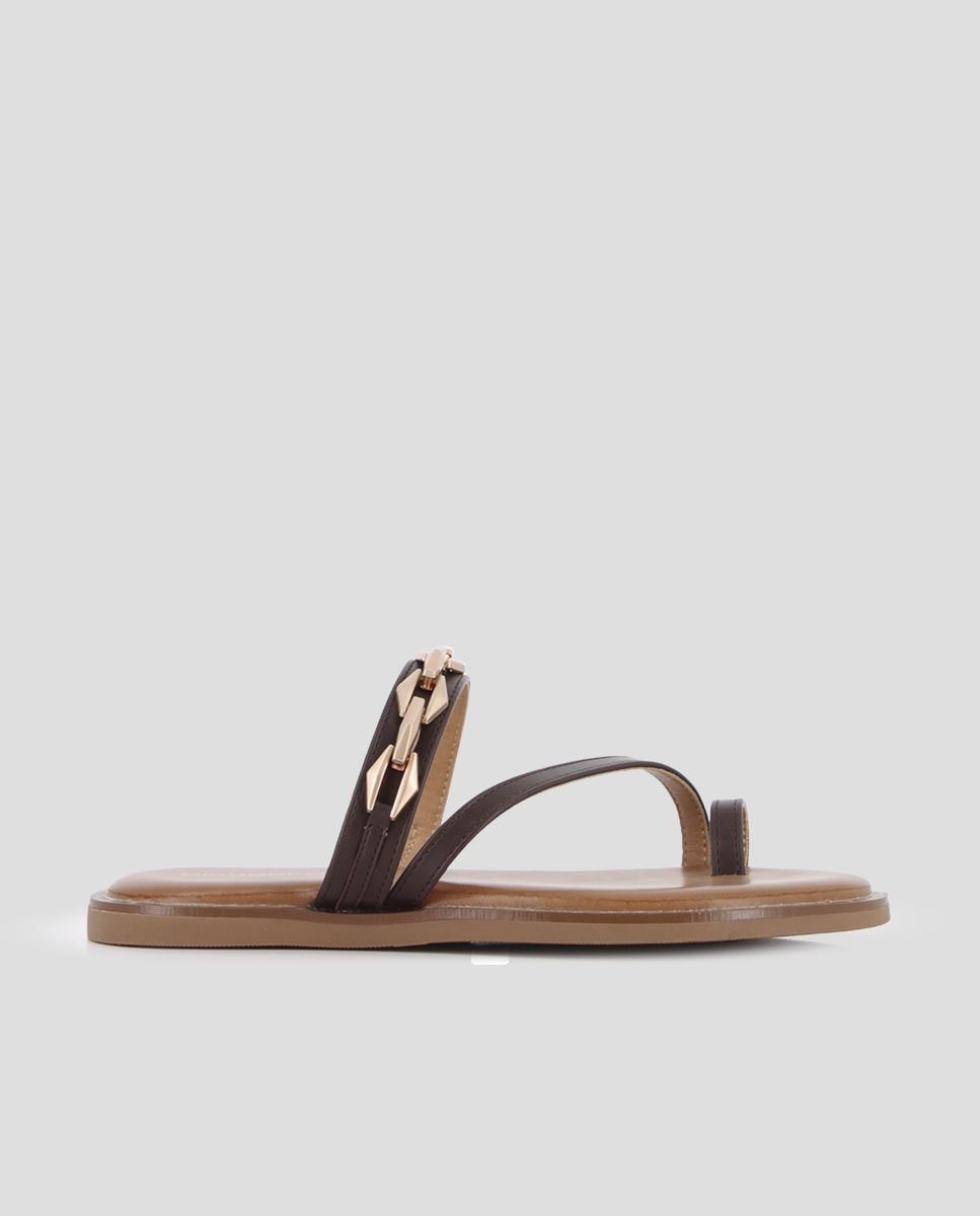 Sandálias de Dedo Rasas com Design Assimétrico Castanho-1