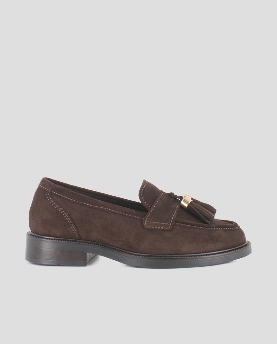 Mocassins em Pele de Camurça com Design Clássico e Pompom Decorativo Castanho-1