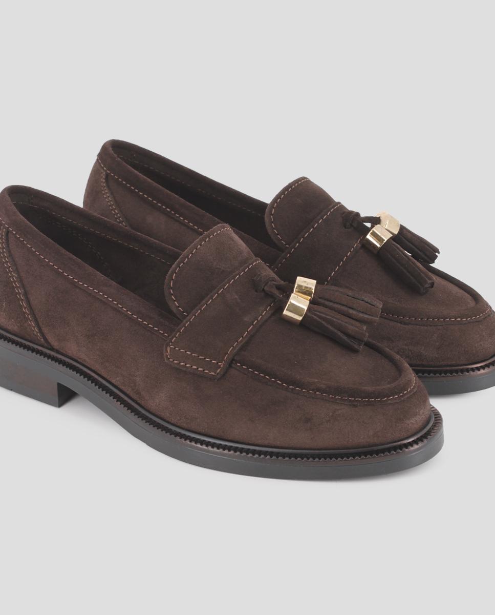 Mocassins em Pele de Camurça com Design Clássico e Pompom Decorativo Castanho-4