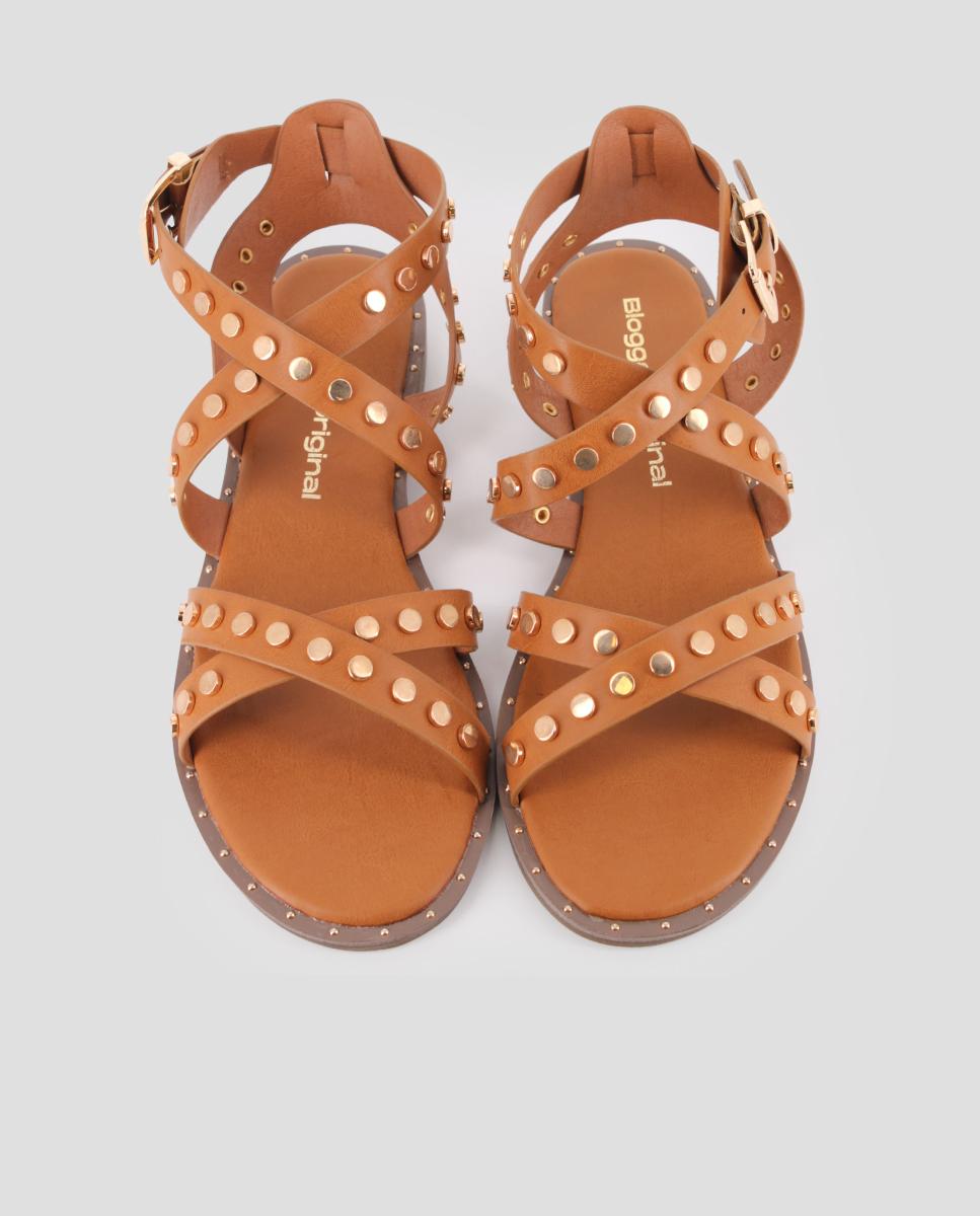 Sandálias Rasas com Design Assimétrico e Tachas Camel-5