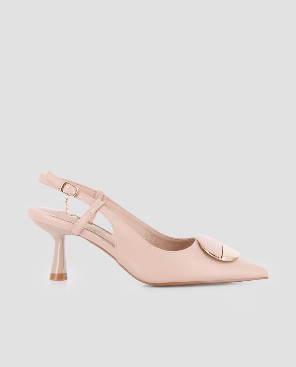 Imagem 0 de Sapatos de Salto com Calcanhar Aberto e Detalhe de Metal Circular