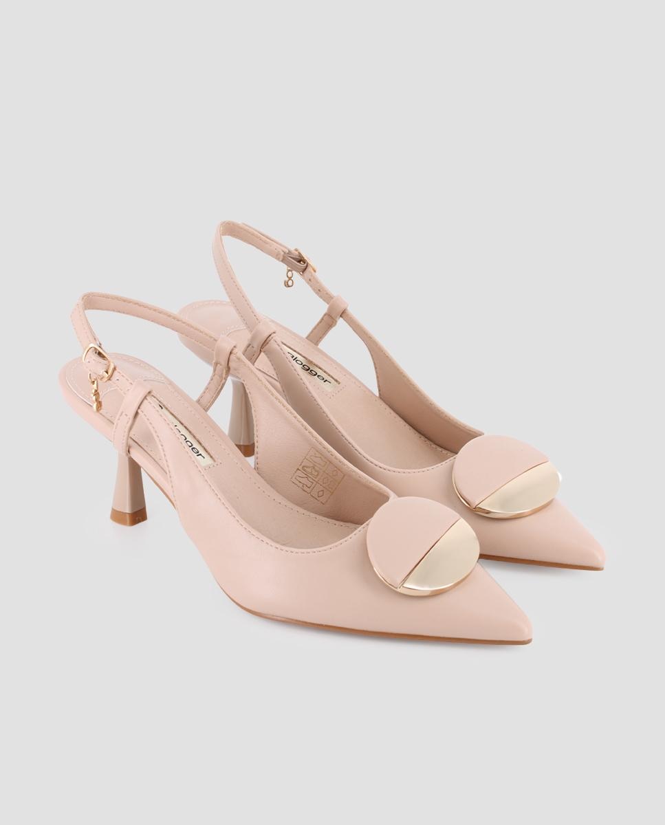 Sapatos de Salto com Calcanhar Aberto e Detalhe de Metal Circular Nude-2