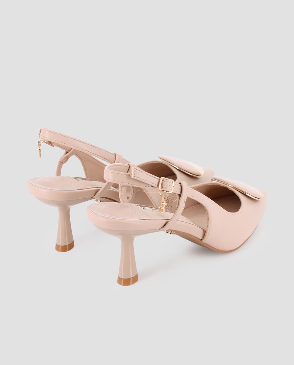 Sapatos de Salto com Calcanhar Aberto e Detalhe de Metal Circular Nude-3