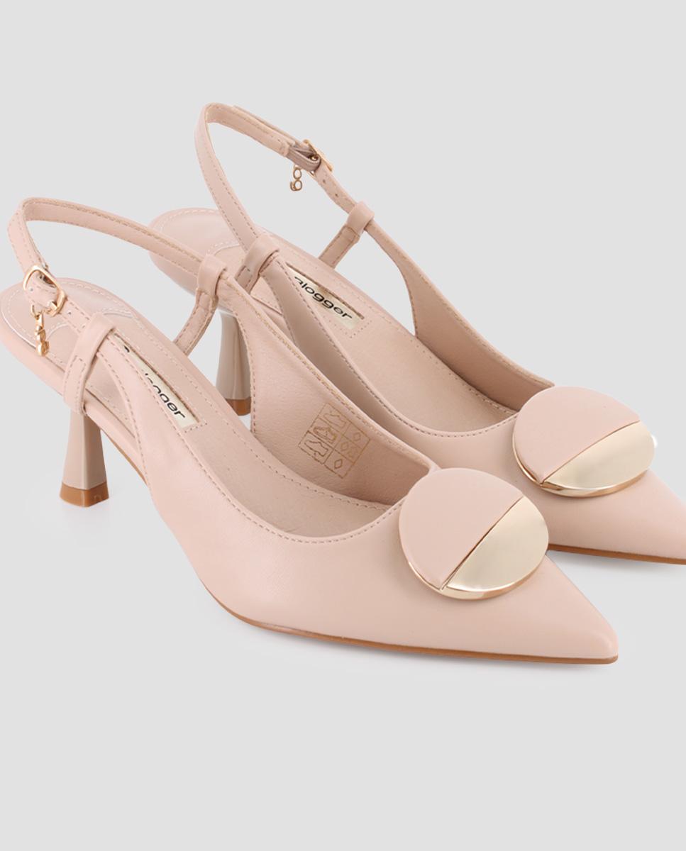Sapatos de Salto com Calcanhar Aberto e Detalhe de Metal Circular Nude-4