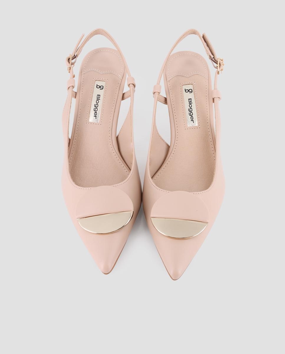 Sapatos de Salto com Calcanhar Aberto e Detalhe de Metal Circular Nude-5