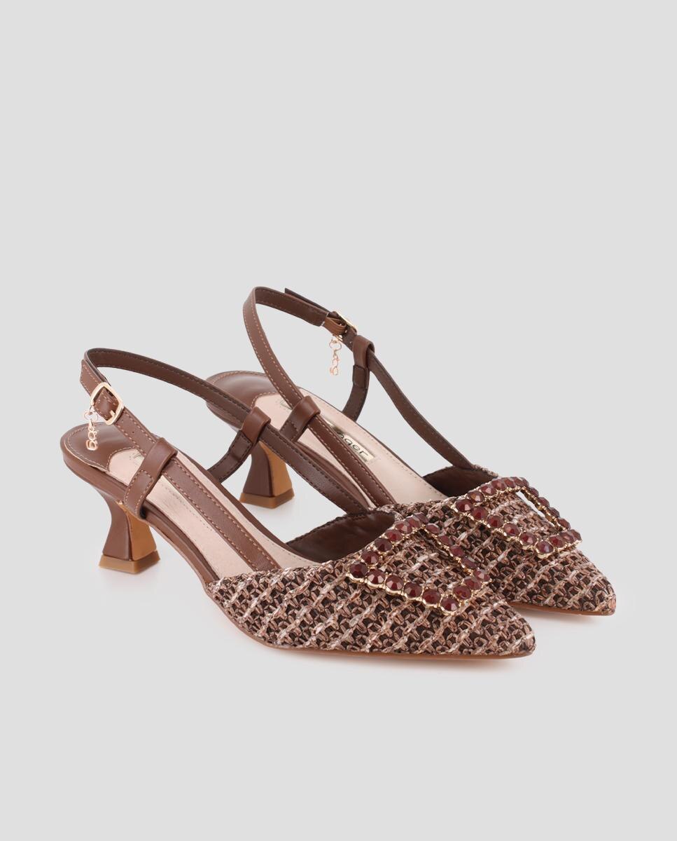 Sapatos de Salto com Calcanhar Aberto e Detalhe em Pedraria Castanho-2
