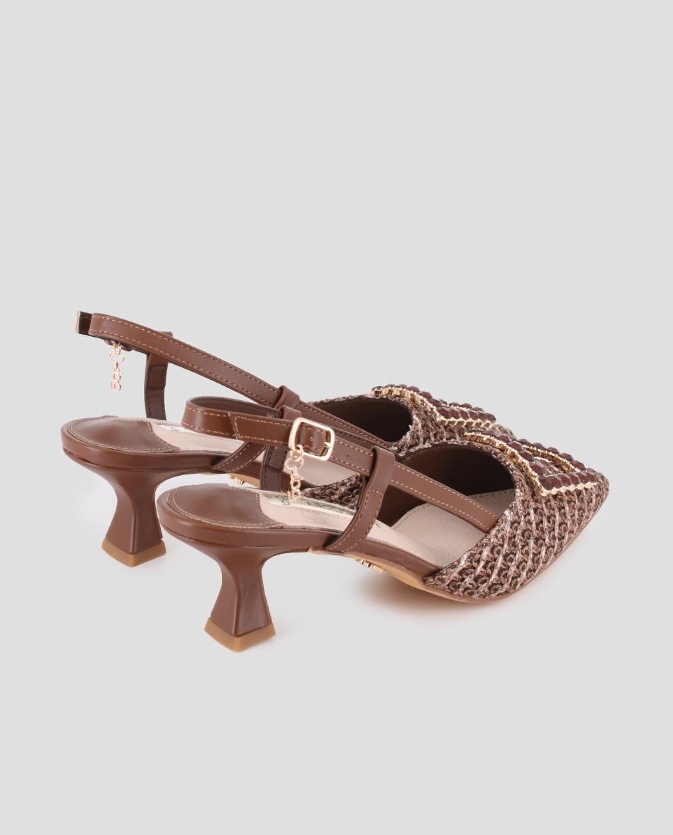 Sapatos de Salto com Calcanhar Aberto e Detalhe em Pedraria Castanho-3