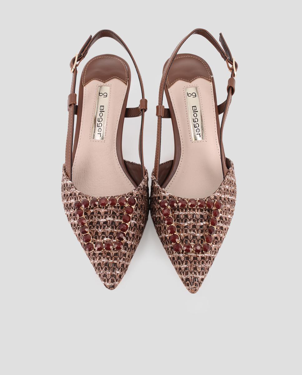Sapatos de Salto com Calcanhar Aberto e Detalhe em Pedraria Castanho-5